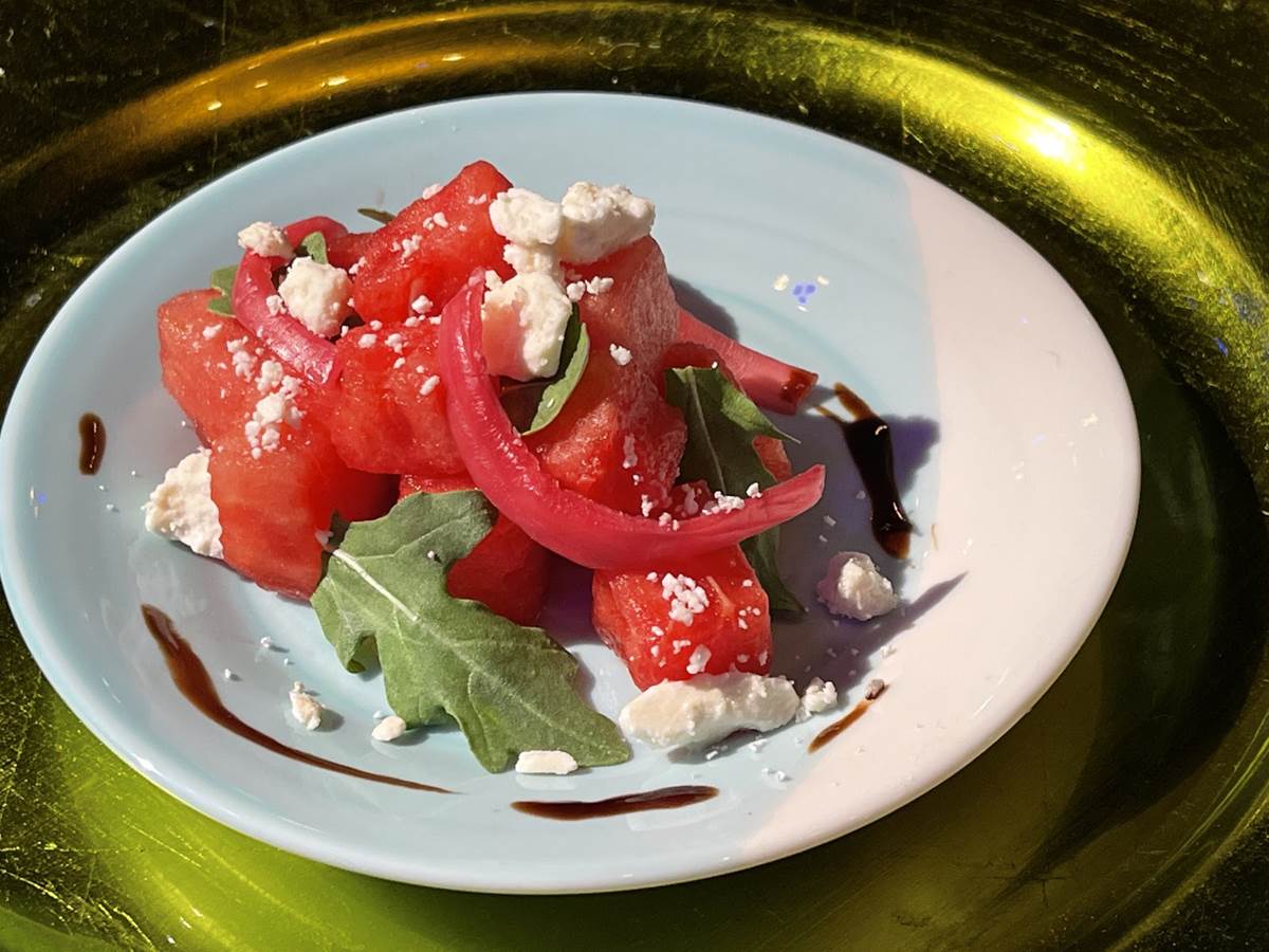 Watermelon Salad with Pickled Onions, Feta and Balsamic Reduction ($4.25) 