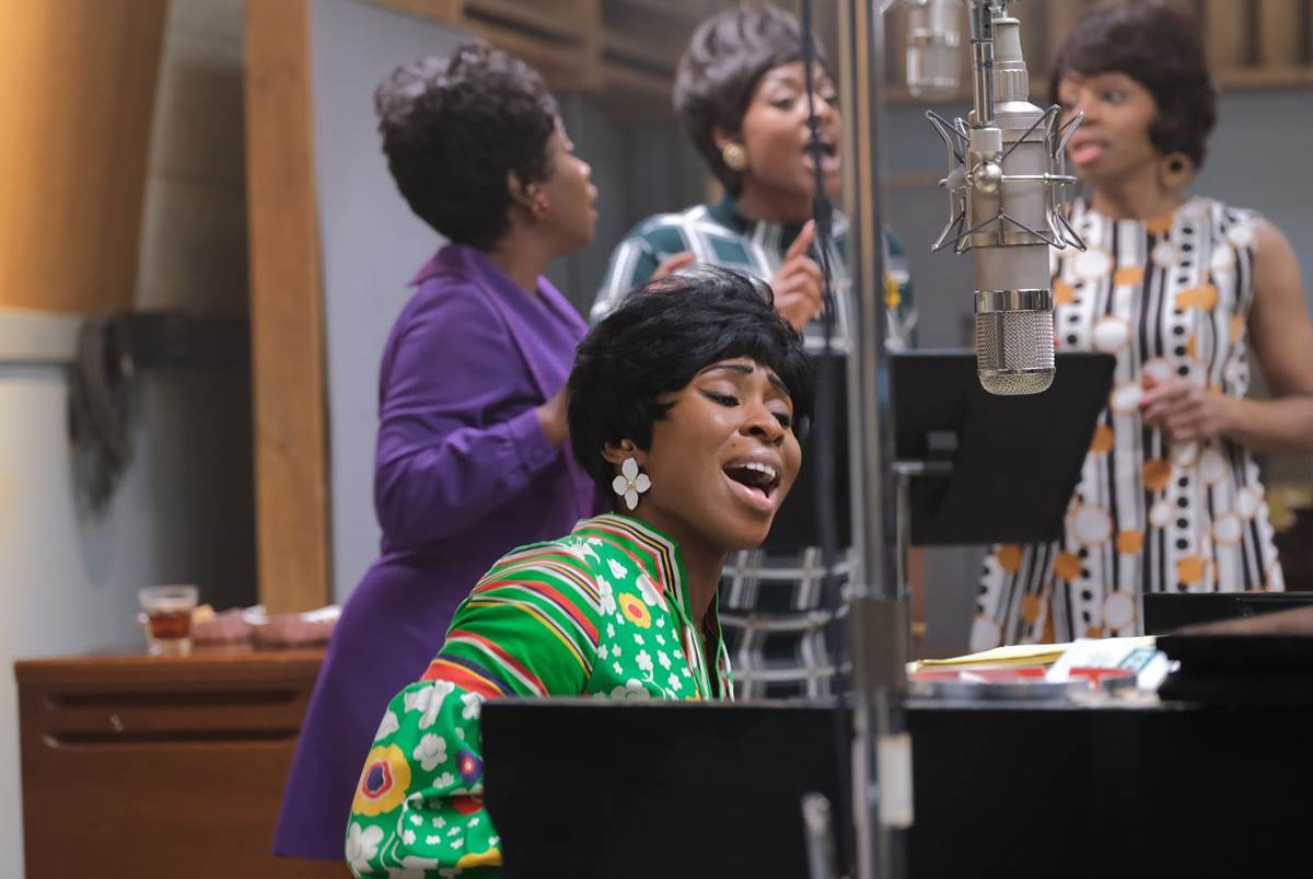 Aretha Franklin (foreground), played by Cynthia Erivo, rehearsing with backup singers (L to R) played by Kameelah Williams, Patrice Covington (as Erma Franklin) and Erika Jerry. (Credit: National Geographic/Richard DuCree)