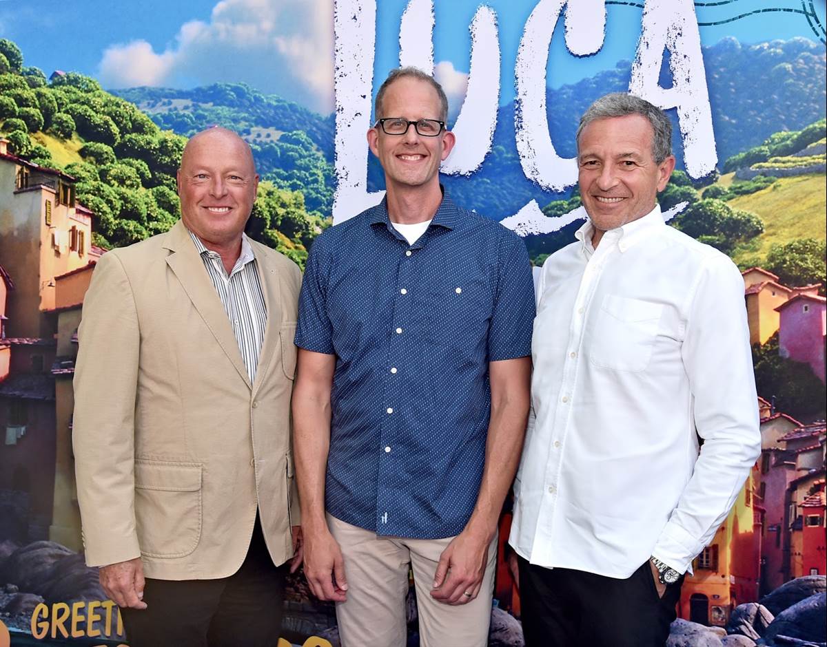 (L-R) CEO of The Walt Disney Company Bob Chapek, CCO of Pixar Pete Docter, and Executive Chairman of The Walt Disney Company Bob Iger arrive at the world premiere for LUCA, held at the El Capitan Theatre in Hollywood, California on June 17, 2021. (Photo by Alberto E. Rodriguez/Getty Images for Disney)