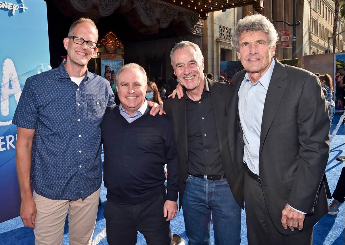 (L-R) CCO of Pixar Pete Docter, Content Chairman at The Walt Disney Company Alan Bergman, General Manager/President of Pixar Jim Morris, and CCO of The Walt Disney Company Alan Horn arrive at the world premiere for LUCA, held at the El Capitan Theatre in Hollywood, California on June 17, 2021. (Photo by Alberto E. Rodriguez/Getty Images for Disney)