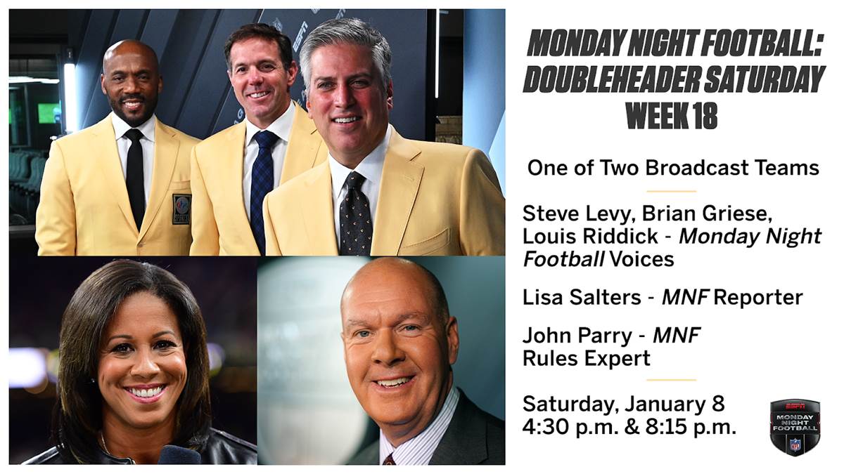 ESPN's Presentation of 'Monday Night Football: Doubleheader Saturday' in  Week 18 Set to Simulcast on ABC and ESPN+ 
