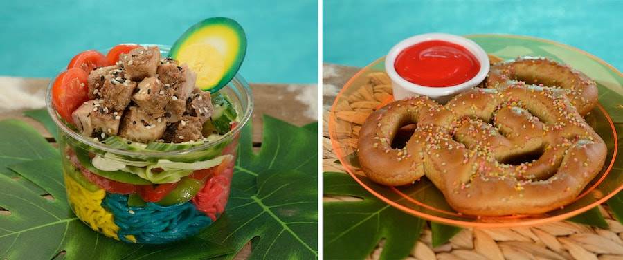 Glow Mein Noodle Salad and Rainbow Salted Mickey Pretzel with party cheese