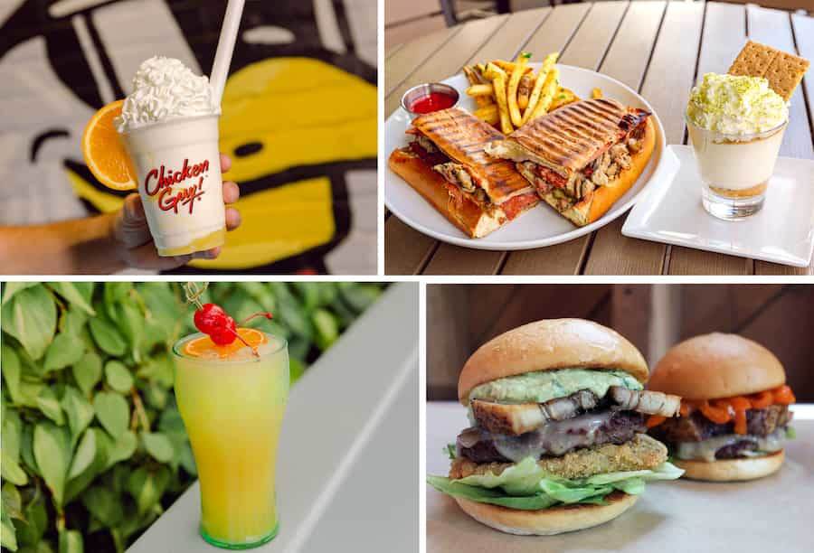 Collage of dishes and beverages at Disney Springs inspired by Florida