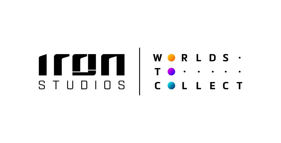 The logo for Iron Studios – Worlds to Collect, features the brand name and tagline in black typeface against a grey background. The “O