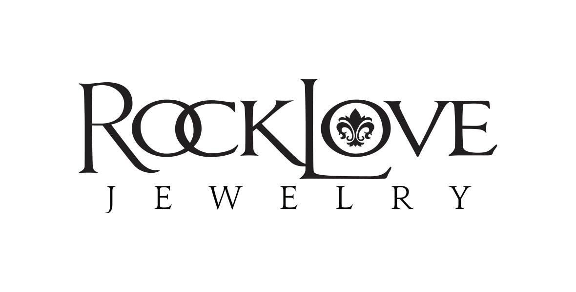 The logo for RockLove Jewerly in black typeface against a white background. An emblem of the Fleur-de-lis within the “O