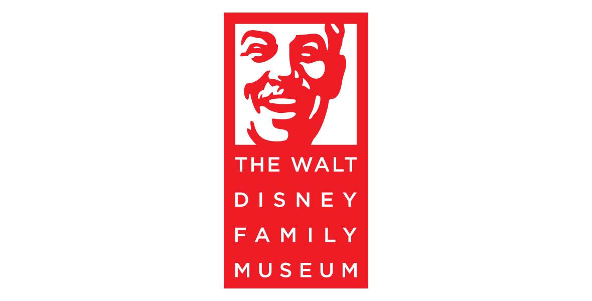 The official logo for The Walt Disney Family Museum features an illustration in red and white of Walt Disney smiling with the name of the musueum “The Walt Disney Family Museum