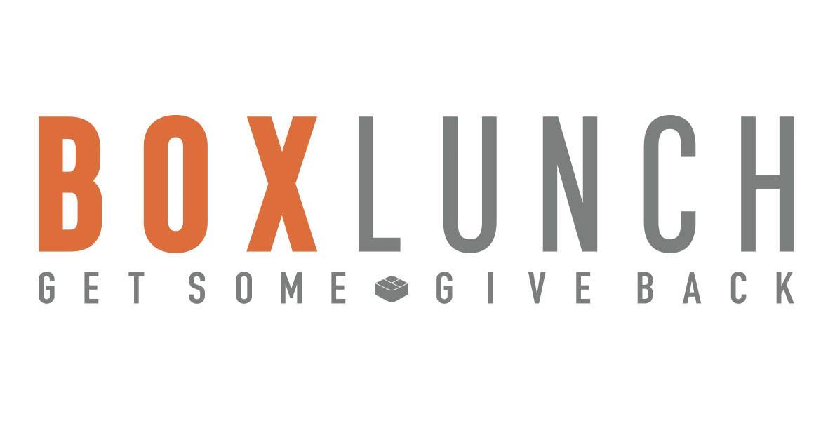 Official logo for BoxLunch, with Box in orange lettering and Lunch in grey lettering, with the tagline “Get Some [lunchbox icon] Give Back.