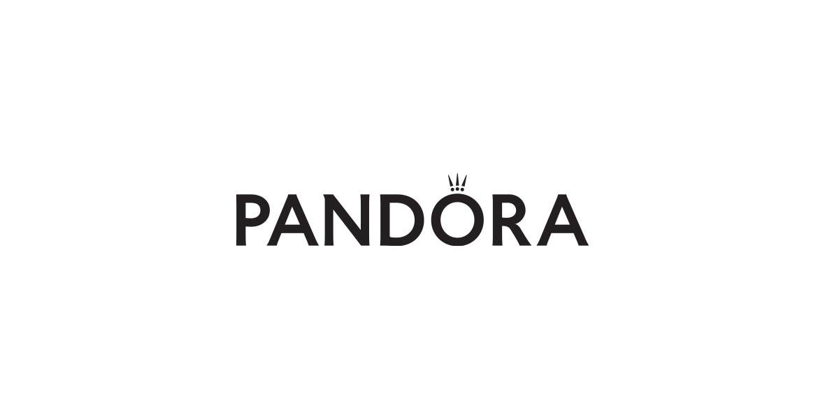 The logo for Pandora Jewelry in black lettering with the signature symbol above the “O