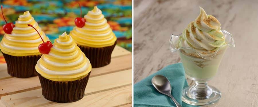 collage of DOLE Whip Cupcake which is a yellow cupcake filled with DOLE Whip pineapple mousse garnished with a cherry and Key Lime Swirl which is DOLE Whip lime and vanilla swirl topped with graham cracker crumbs