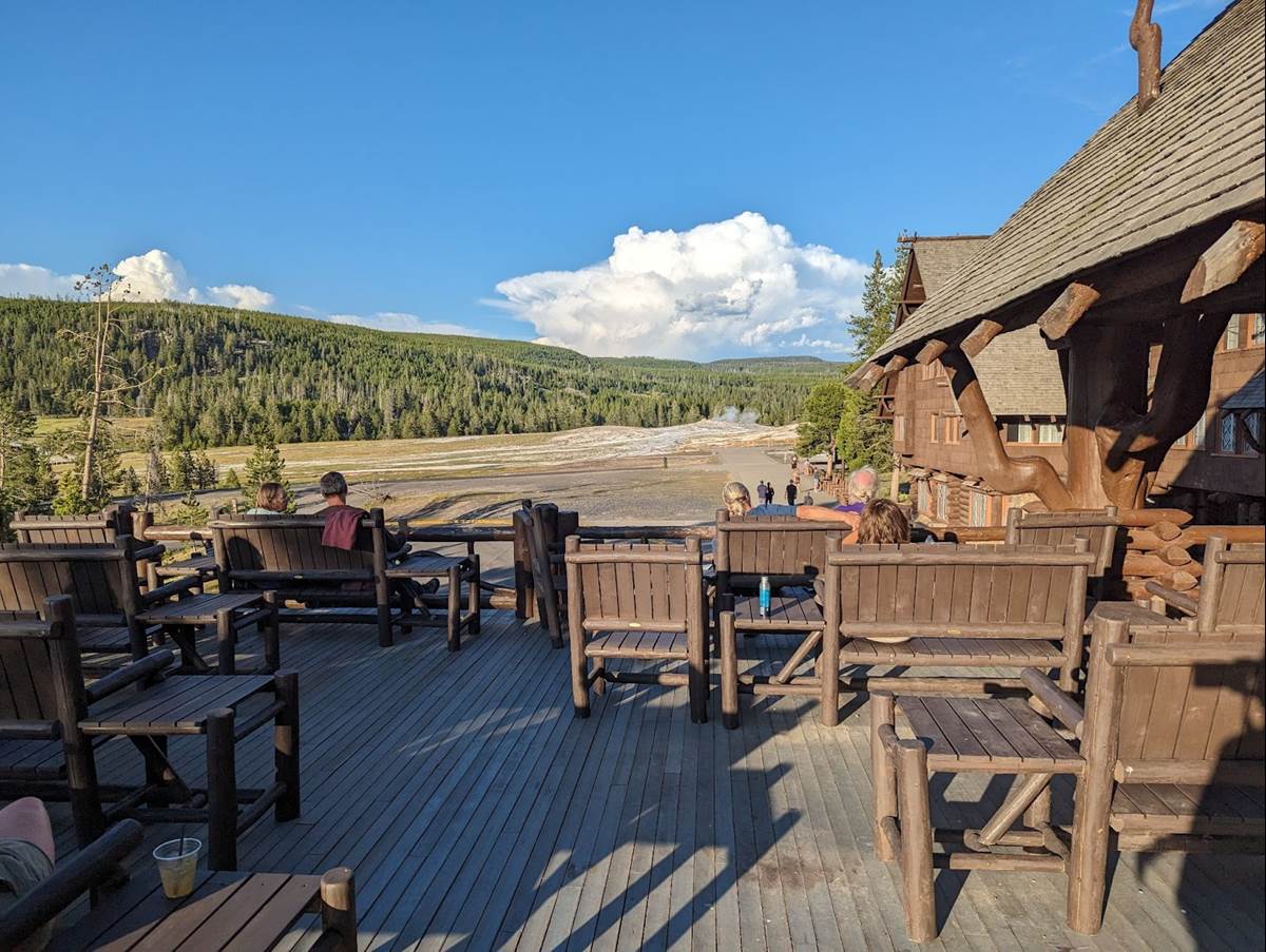 Outdoor Bar and Seating Overlooking Old Faithful