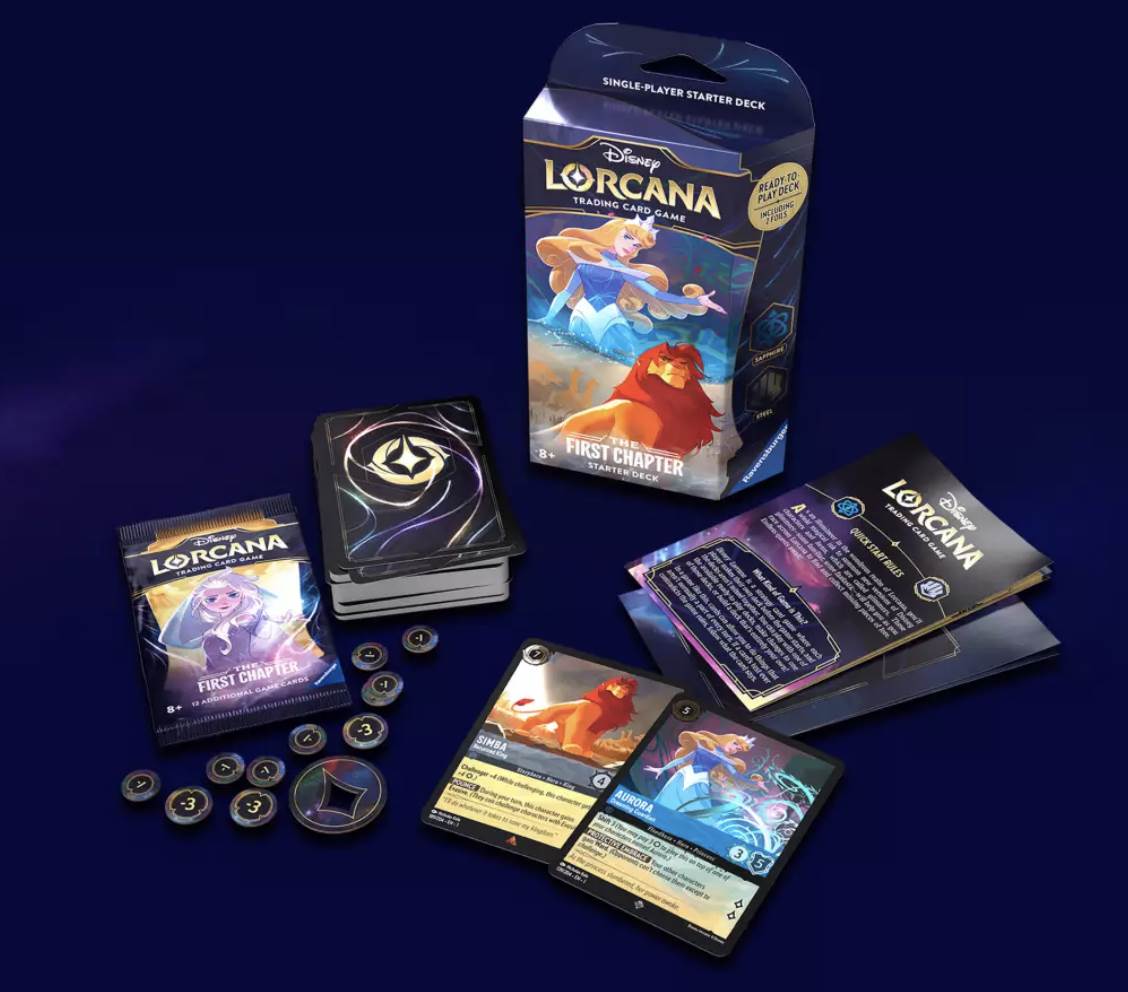Lorcana Starter Deck with tokens, rulebook, and booster pack