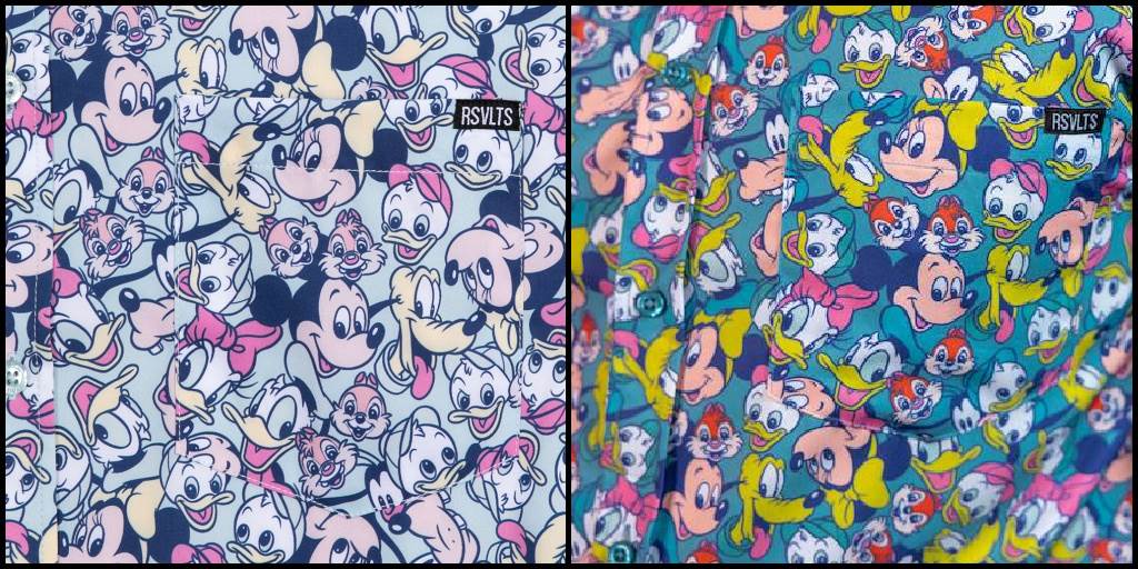 "Disney Afternoon" shirt by RSVLTS in alternate muted/pastel colorway (left) for shopDisney. The original style is much more saturated.