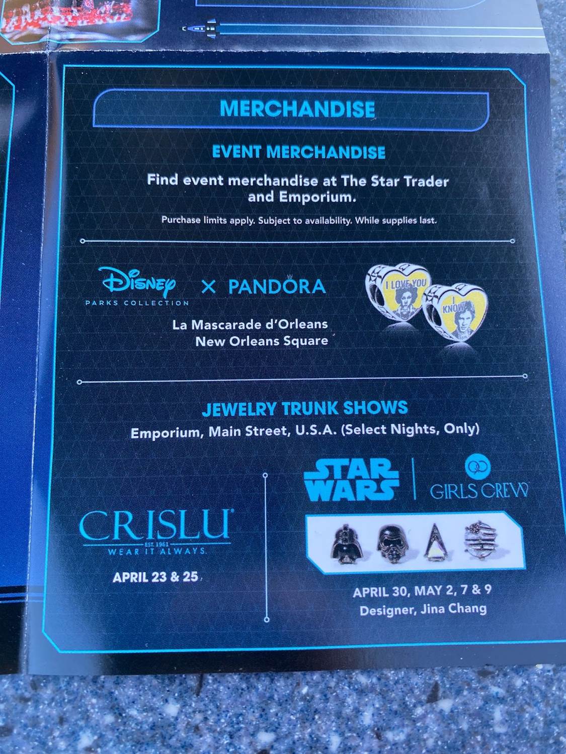 Disneyland After Dark Star Wars Nite Guide Map with List of Entertainment, Characters, and