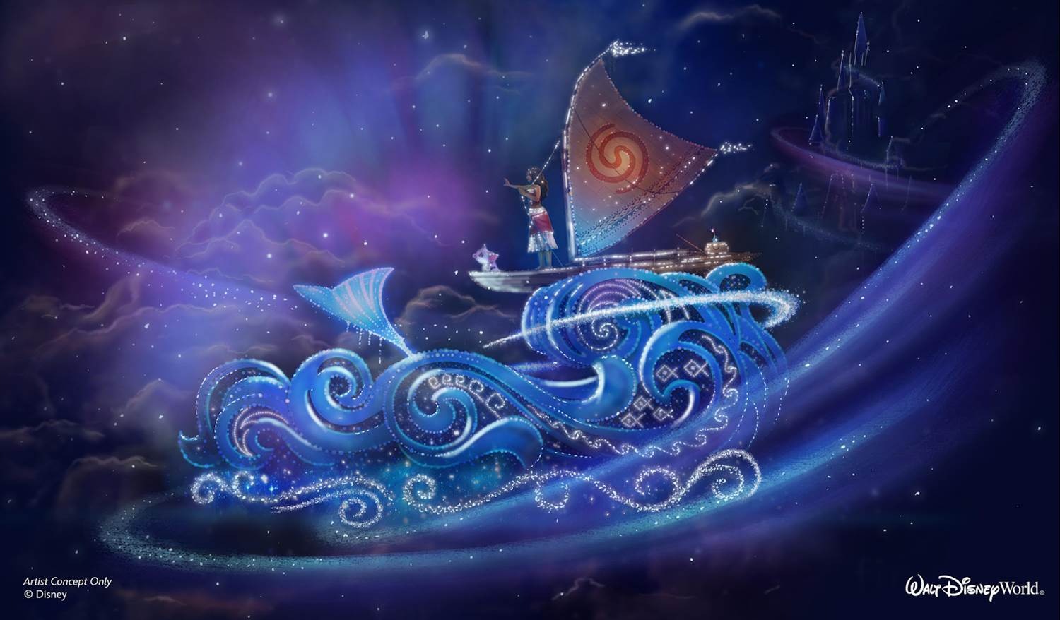 Moana and Pua navigate a cascade of waves with the help of the stars in concept art for a parade float for Disney Starlight
