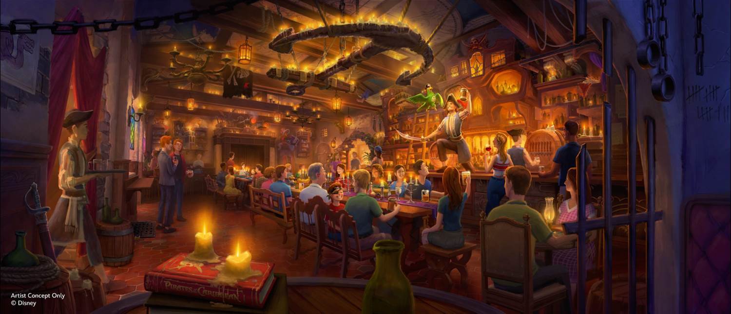 concept art for Pirates Lounge shows a dimly lit tavern with a swashbuckling pirate and parrot